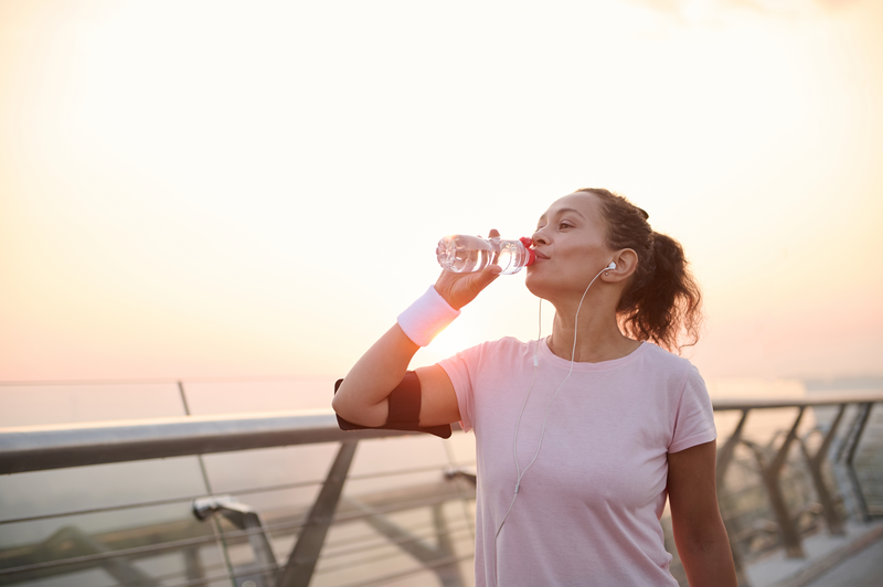 woman drinking water after run