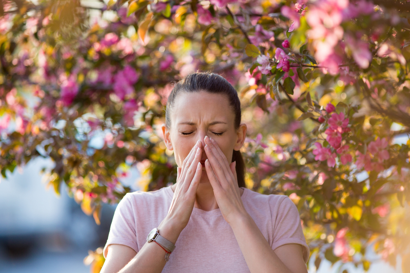 woman with seasonal allergies sneezing while walking under blooming tree