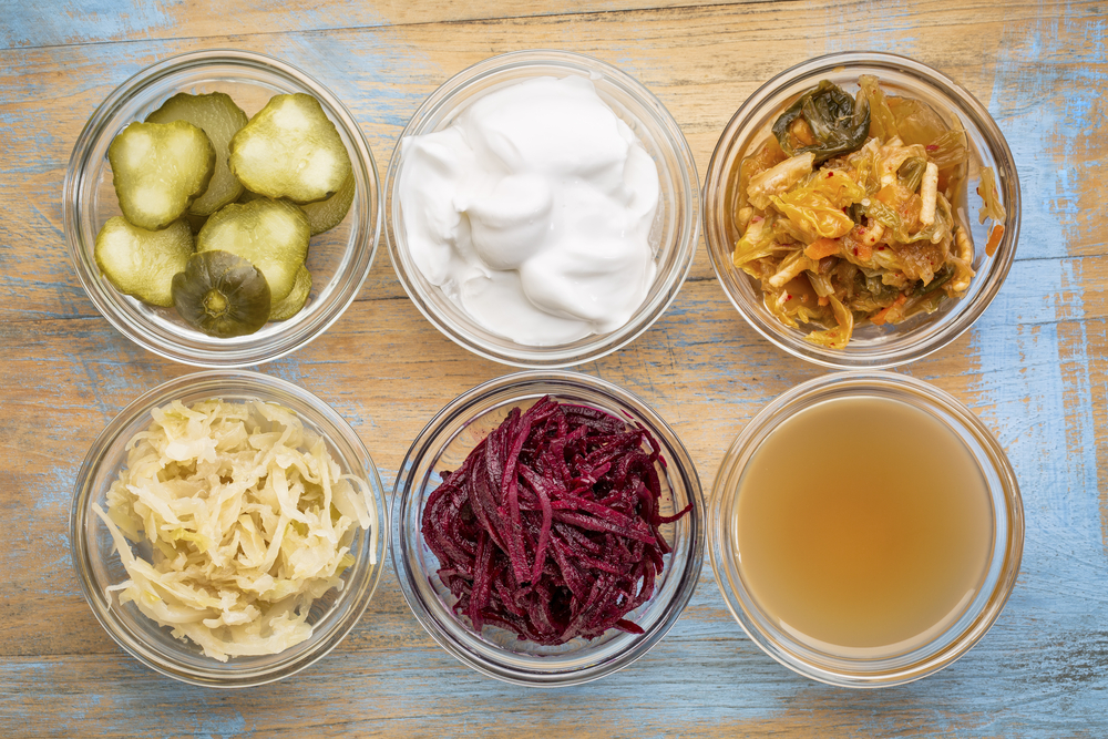 bowls of fermented and probiotic-rich foods